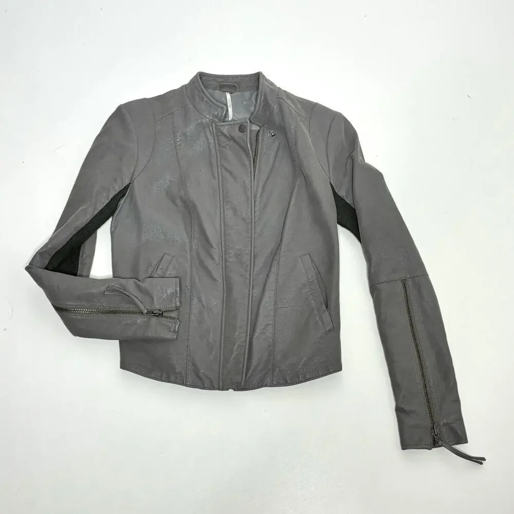 Free People Cool & Clean Vegan, Faux Leather Moto Jacket Slate Gray 4